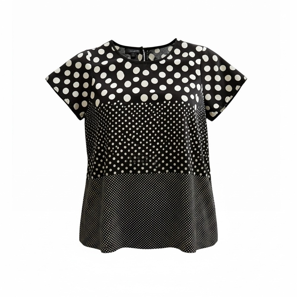Talbots Woman 16W 100% Silk Polka Dot Blouse Black Ivory Short Sleeve Plus EUC